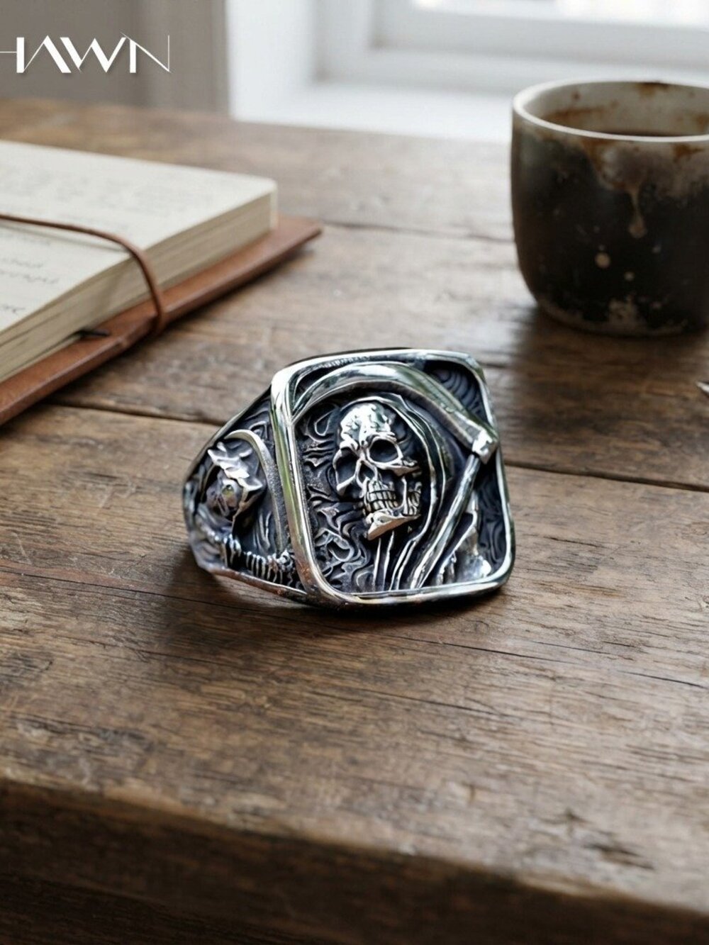 Mens Grim Reaper Scythe Skull Ring